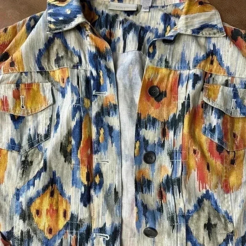 Chico's Sz 2 - Medium Jacket Linen/Cotton Blend Long Sleeve Multi-Color Abstract - Picture 3 of 8